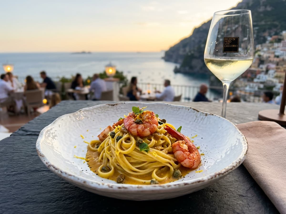 Michelin-star handmade tagliolini with red prawns overlooking the sea at Terrazza Mare