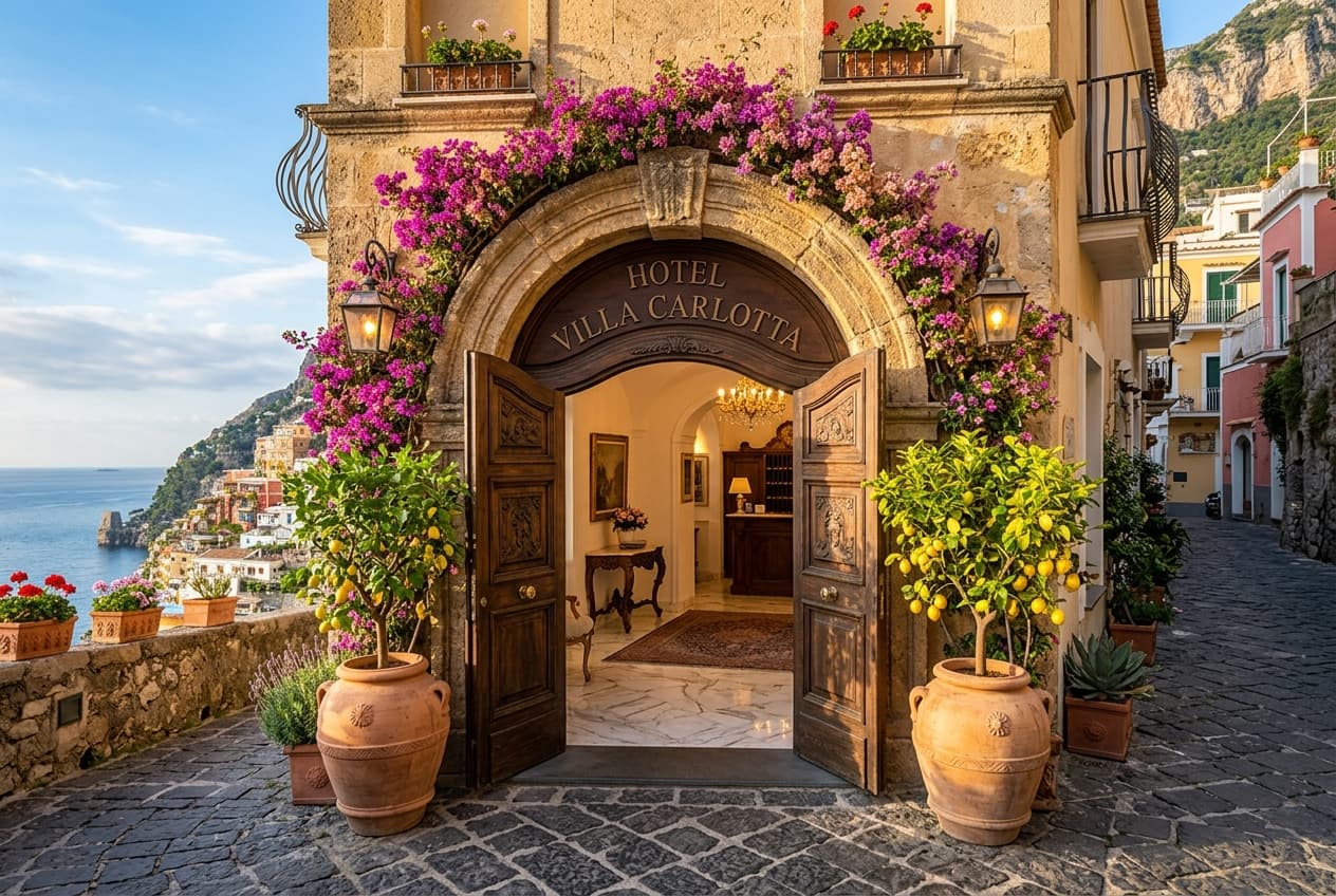 Grand arched bougainvillea stone entrance of The Aurélian boutique hotel