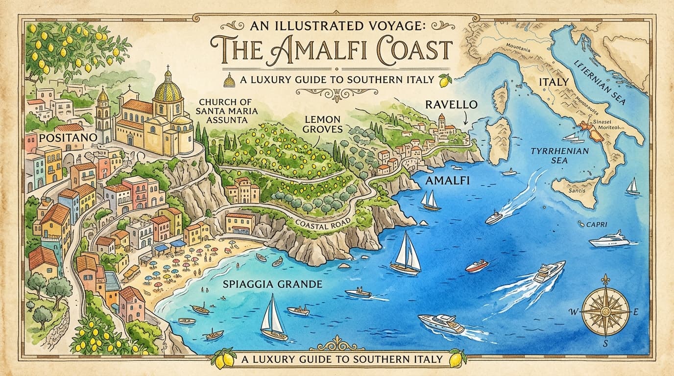 Illustrated watercolor map of Positano and the Amalfi Coast around The Aurélian