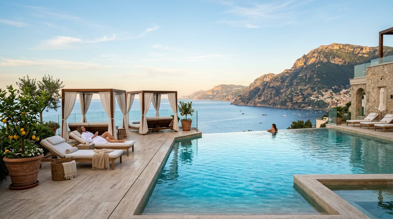 Cliffside saltwater infinity pool and spa deck at The Aurélian hotel
